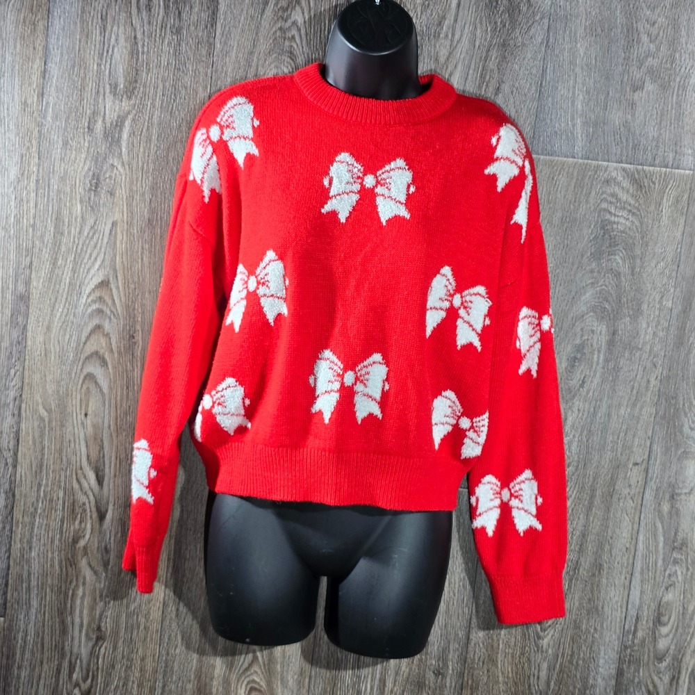 POOF Merry Christmas Sweater Women's Large Red White Bow Holiday Knitwear